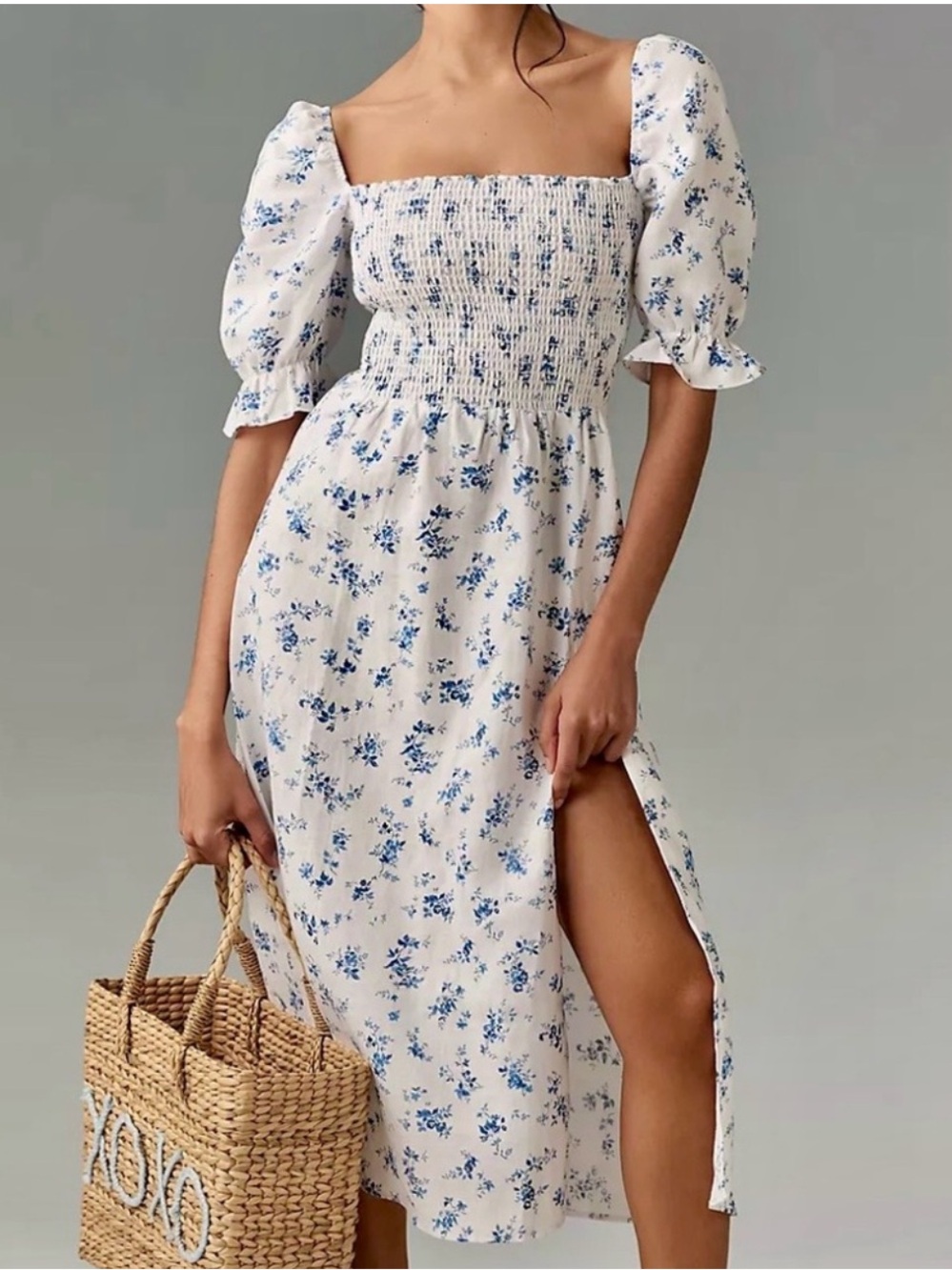 Reformation Marbella Blue Floral Smocked Puff Sleeve 100% linen Midi Dress XS